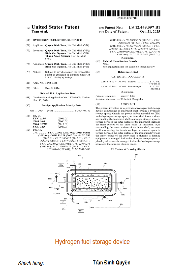 Hydrogen fuel storage device