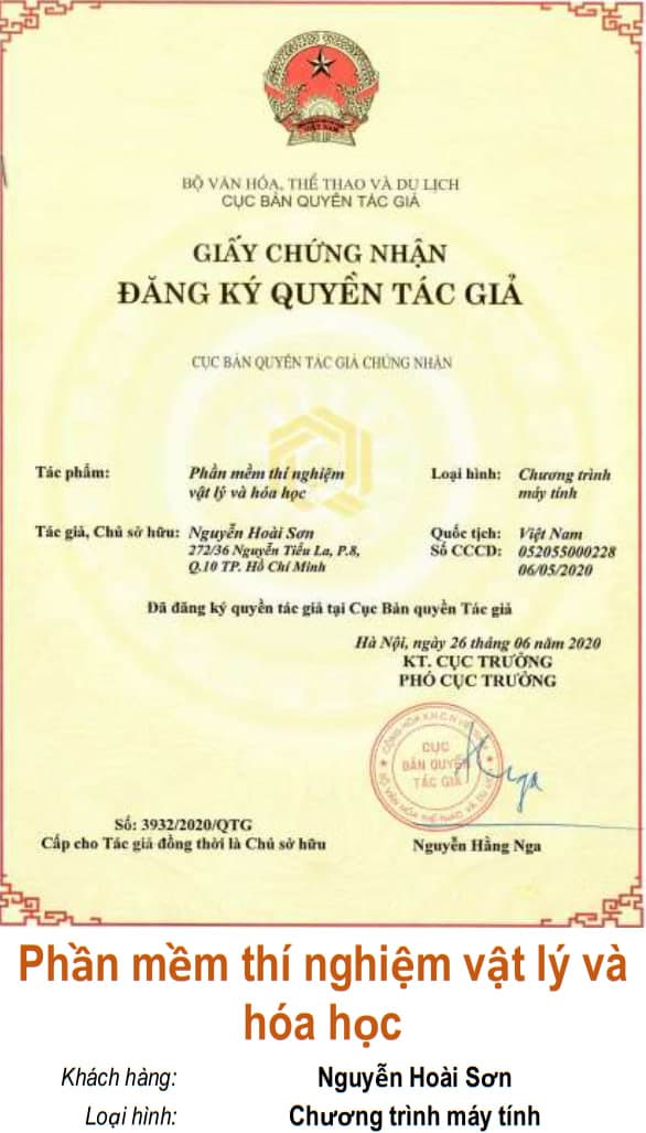 Giấy chứng nhận quyền tác giả: Phần mềm thí nghiệm vật lý và hóa học
