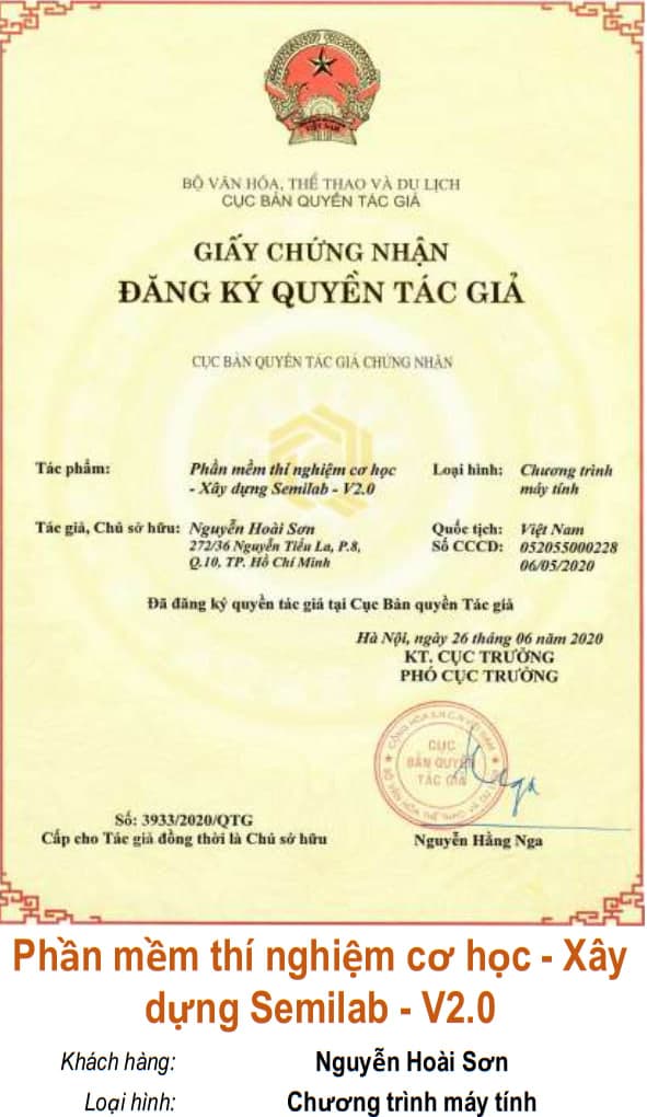 Giấy chứng nhận quyền tác giả: Phần mềm thí nghiệm cơ học - Xây dựng Semilab - V2.0
