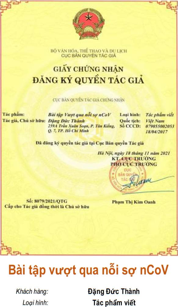 Giấy chứng nhận quyền tác giả: Bài tập vượt qua nỗi sợ nCoV