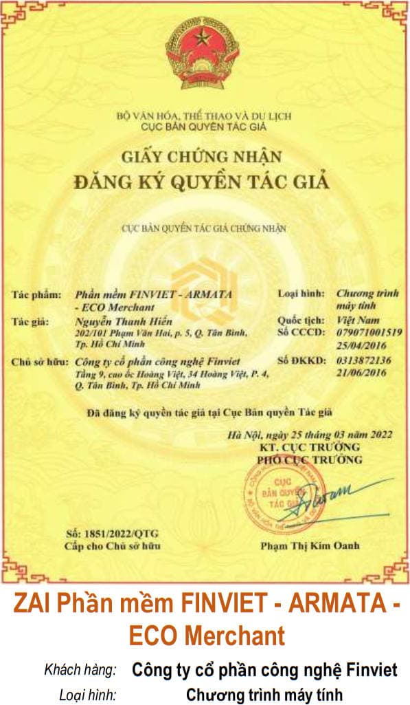 Giấy chứng nhận quyền tác giả: ZAI Phần mềm FINVIET - ARMATA - ECO Merchant