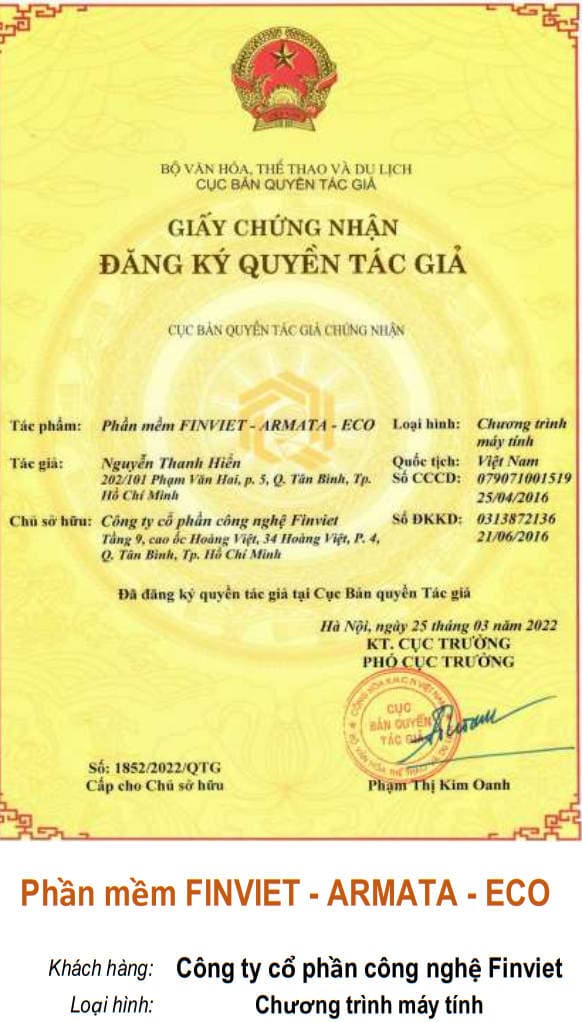 Giấy chứng nhận quyền tác giả: Phần mềm FINVIET - ARMATA - ECO