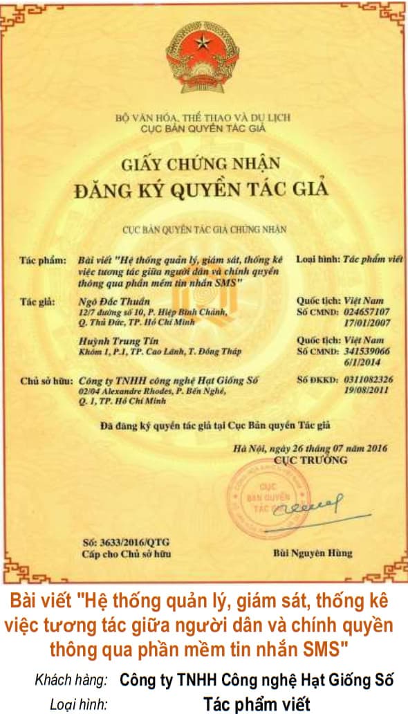 Giấy chứng nhận quyền tác giả: Bài viết "Hệ thống quản lý, giám sát, thống kê việc tương tác giữa người dân và chính quyền thông qua phần mềm tin nhắn SMS"