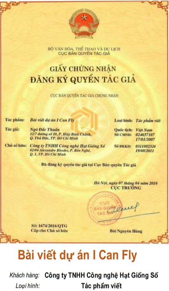 Giấy chứng nhận quyền tác giả: Bài viết dự án I Can Fly