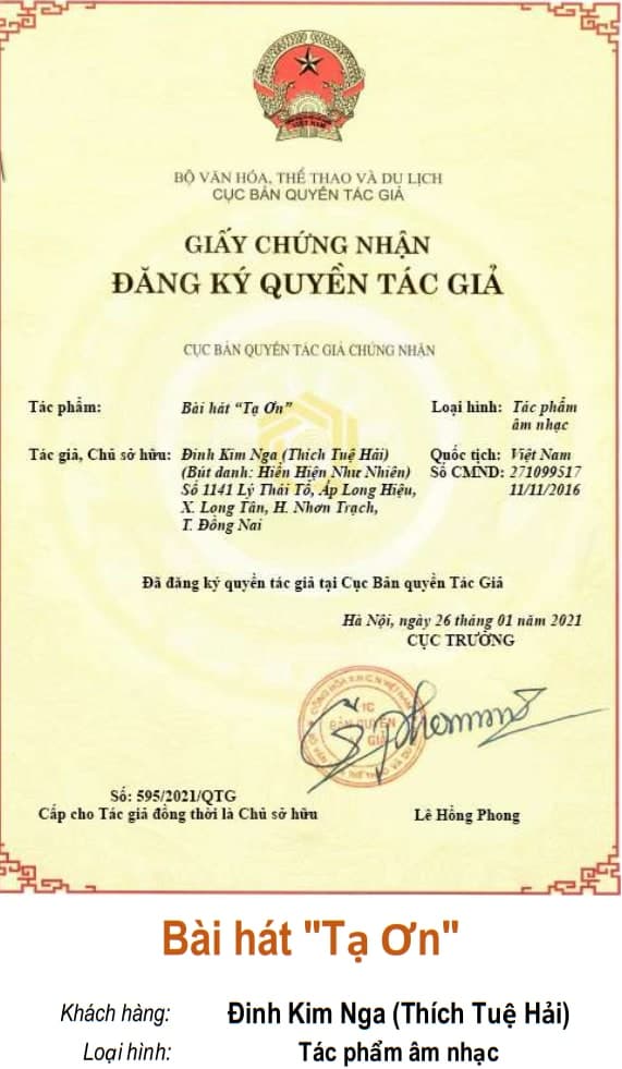Giấy chứng nhận quyền tác giả: Bài hát "Tạ Ơn"