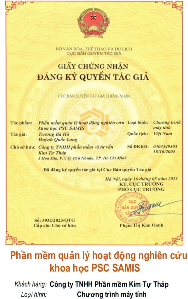 Giấy chứng nhận quyền tác giả: Phần mềm quản lý hoạt động nghiên cứu khoa học PSC SAMIS