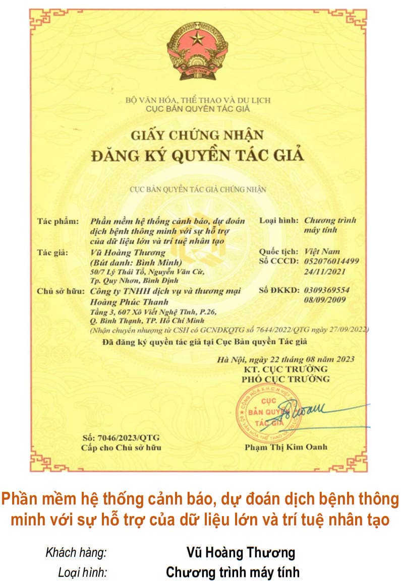 Giấy chứng nhận quyền tác giả: Phần mềm hệ thống cảnh báo, dự đoán dịch bệnh thông minh với sự hỗ trợ của dữ liệu lớn và trí tuệ nhân tạo