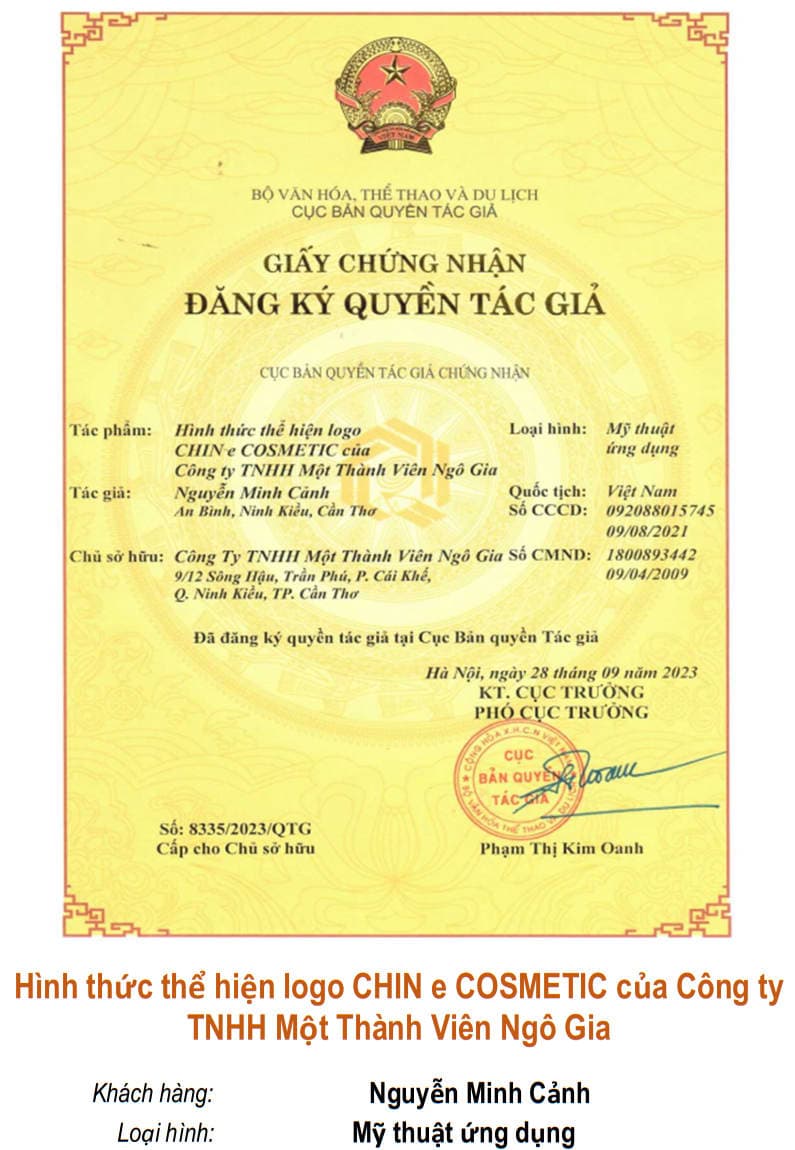 Giấy chứng nhận quyền tác giả: Hình thức thể hiện logo CHIN e COSMETIC của Công ty TNHH Một Thành Viên Ngô Gia