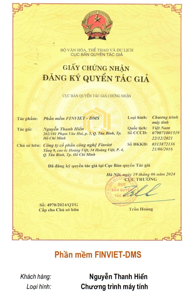 Giấy chứng nhận quyền tác giả: Phần mềm FINVIET-DMS