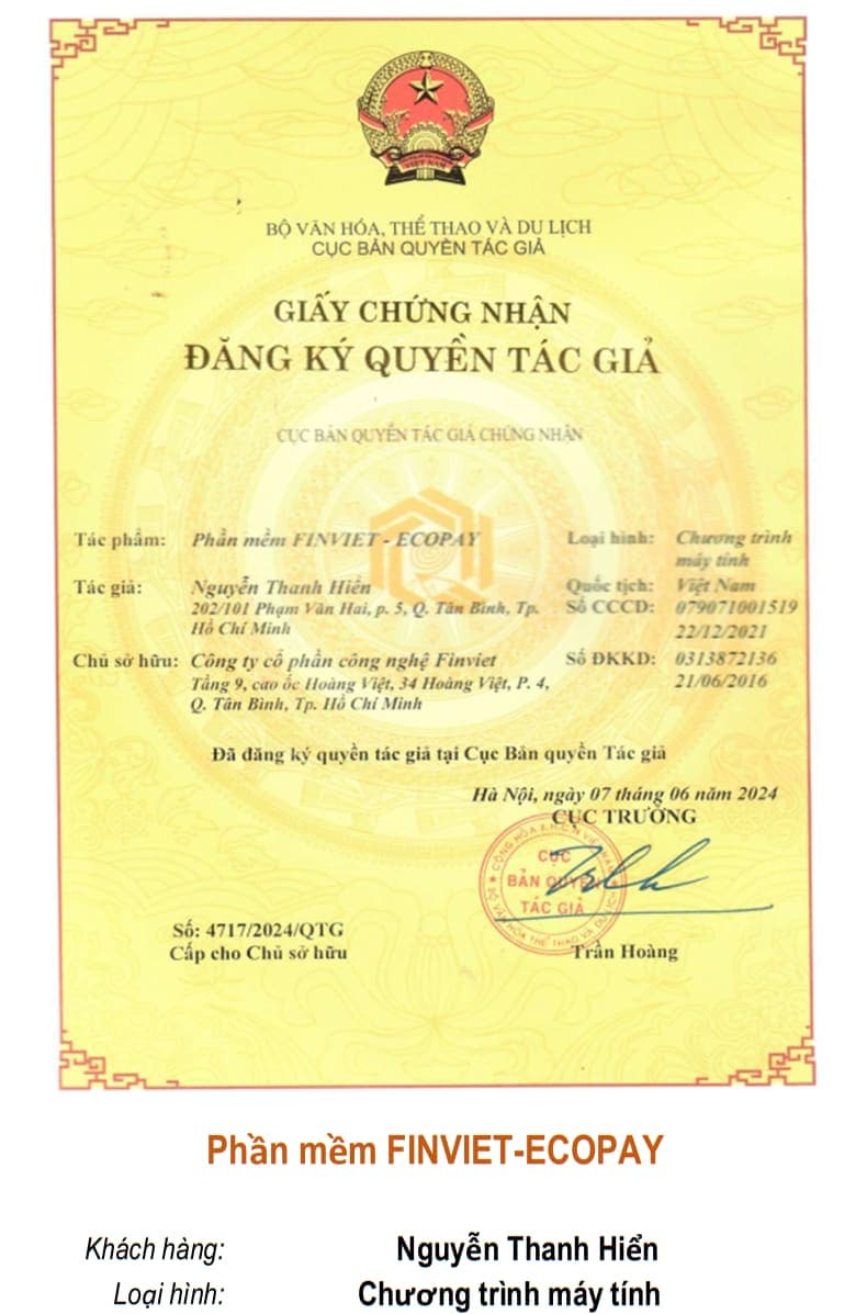 Giấy chứng nhận quyền tác giả: Phần mềm FINVIET-ECOPAY