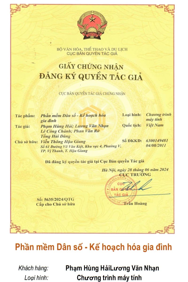 Giấy chứng nhận quyền tác giả: Phần mềm Dân số - Kế hoạch hóa gia đình