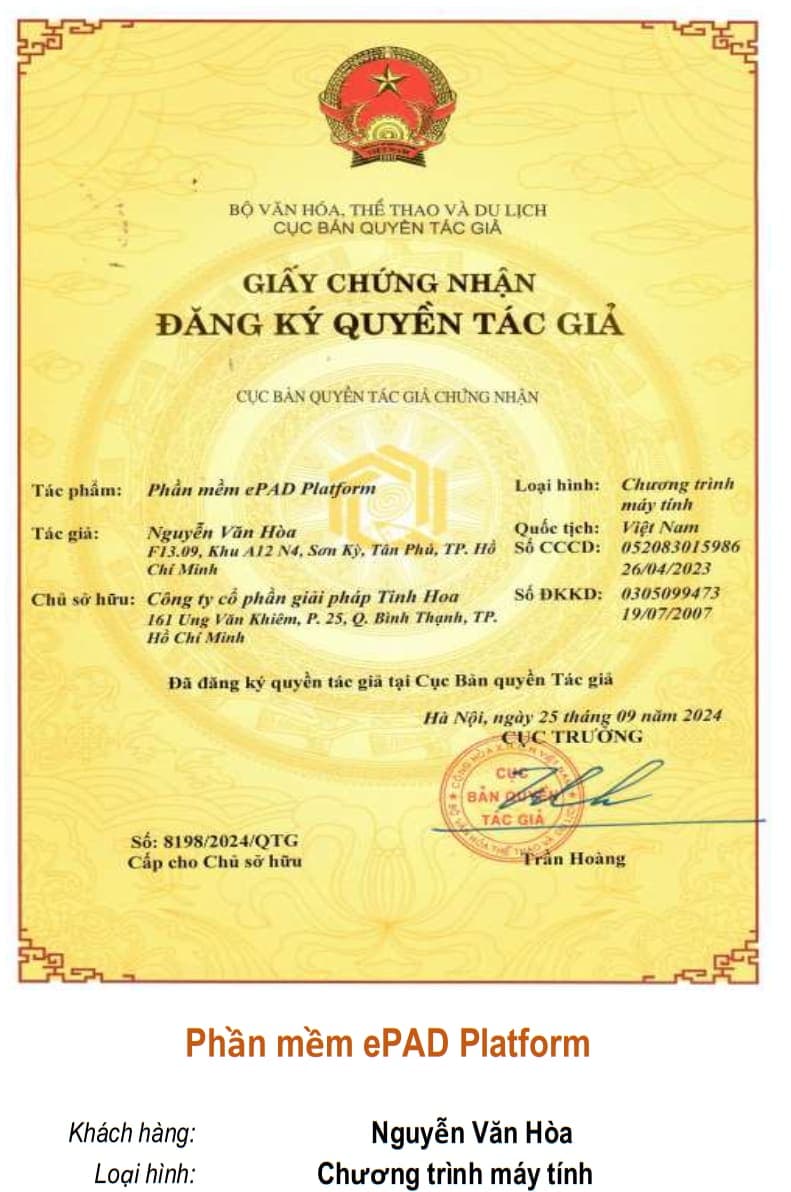 Giấy chứng nhận quyền tác giả: Phần mềm ePAD Platform