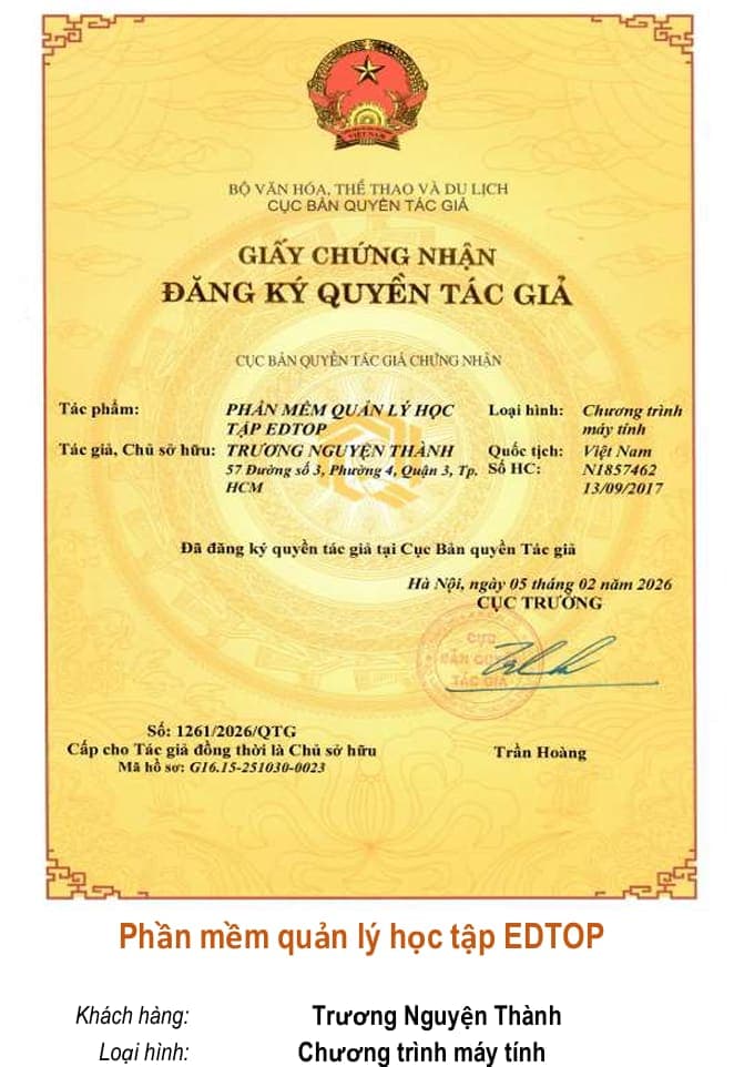 Giấy chứng nhận quyền tác giả: Phần mềm quản lý học tập EDTOP