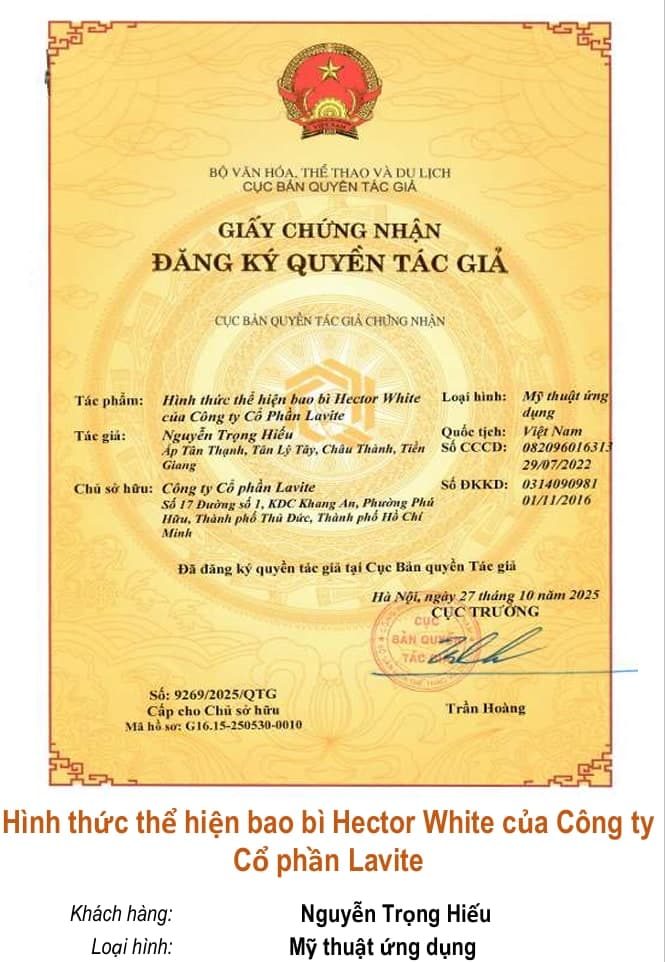 Giấy chứng nhận quyền tác giả: Hình thức thể hiện bao bì Hector White của Công ty Cổ phần Lavite