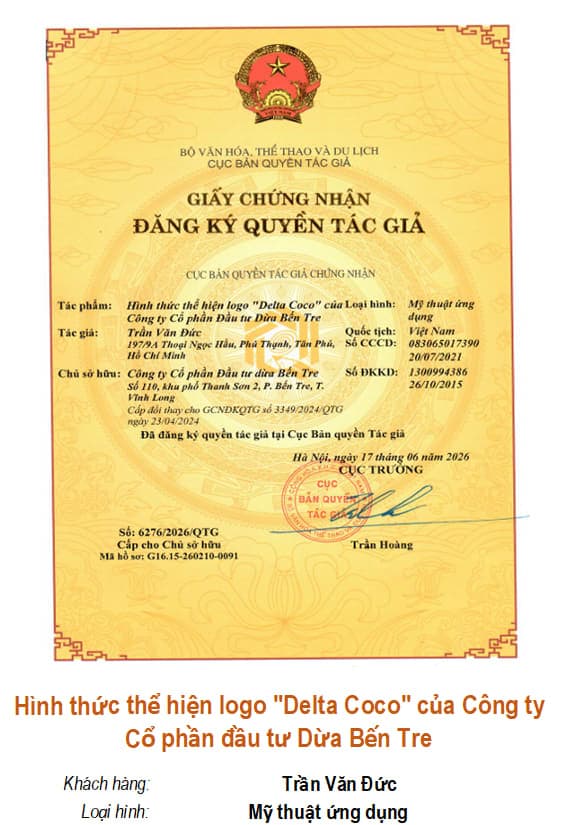 Giấy chứng nhận quyền tác giả: Hình thức thể hiện logo "Delta Coco" của Công ty Cổ phần đầu tư Dừa Bến Tre