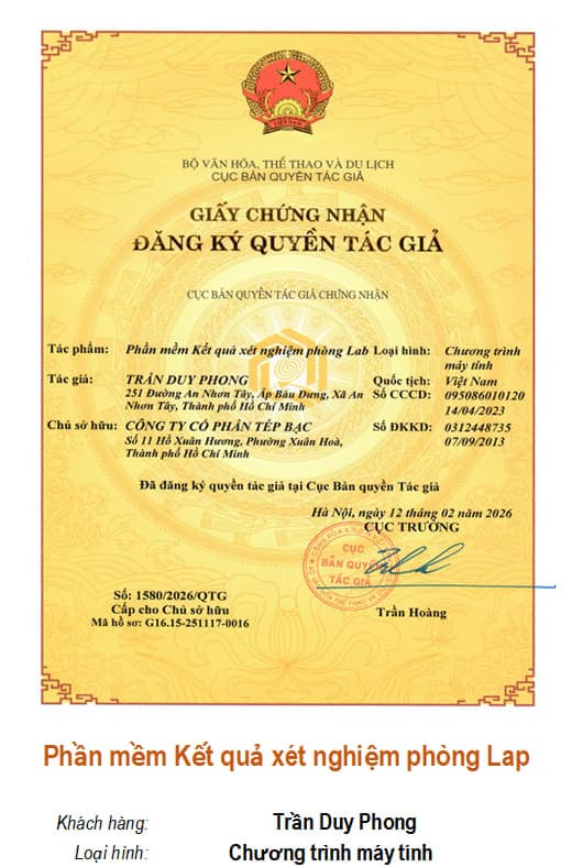 Giấy chứng nhận quyền tác giả: Phần mềm Kết quả xét nghiệm phòng Lap